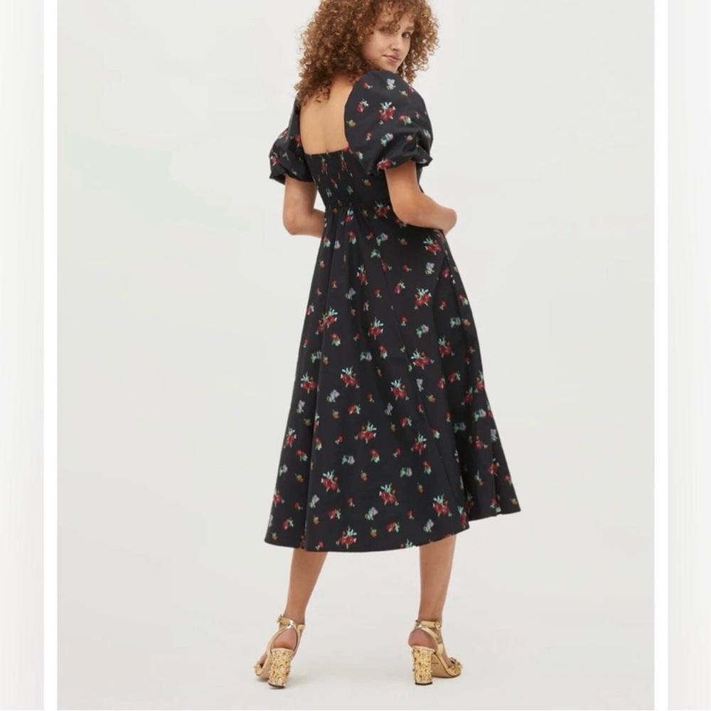 NWT Hill House Black Ikat Floral Matilda Dress, Square-Neck Puff Sleeve Midi - Picture 2 of 8